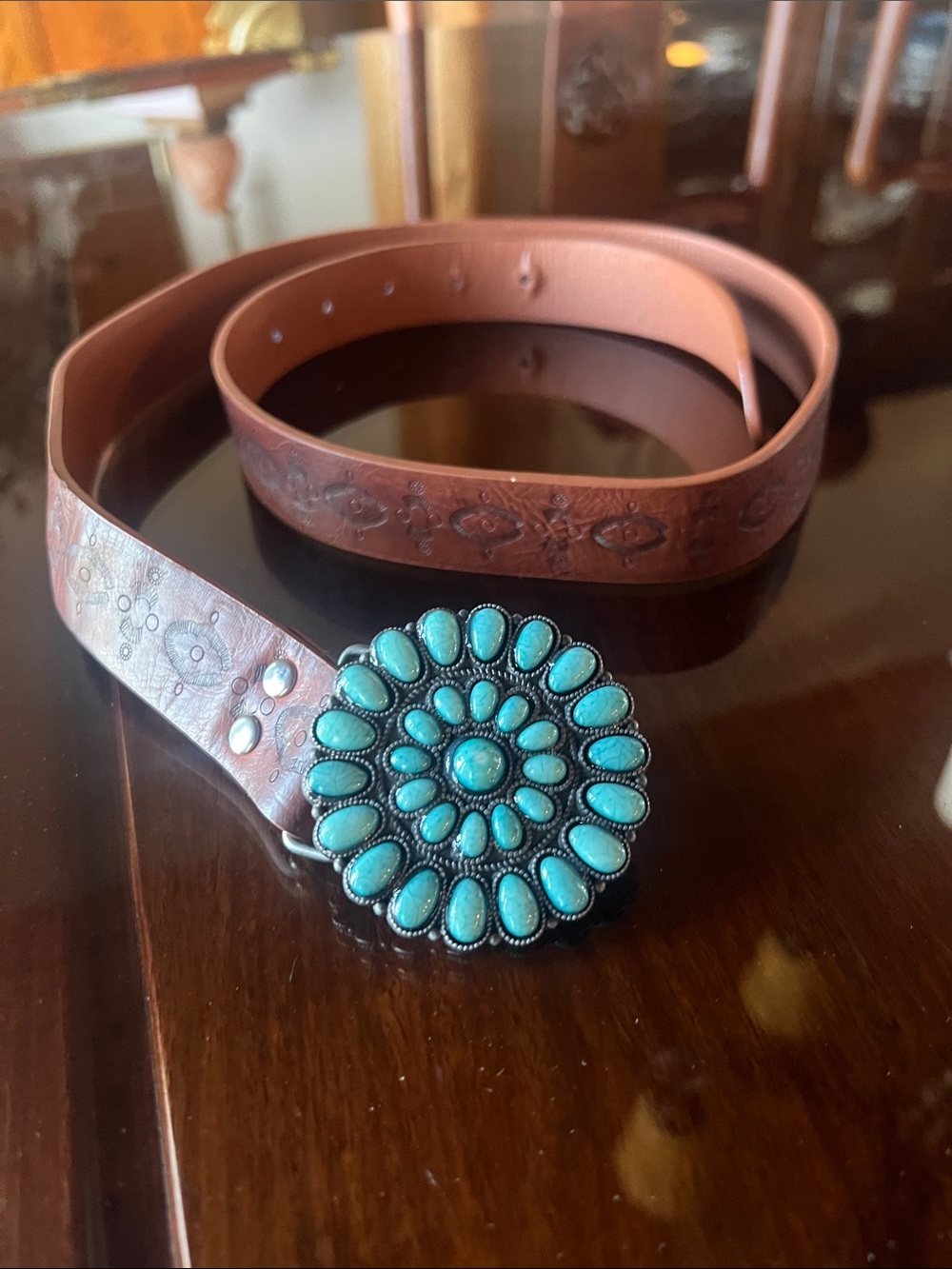 Turquoise Concho Brown Leather Belt - Women Accessories